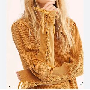 Free People Tasha Mustard Lace Up Puff Sleeves Thermal Waffle Knit Top